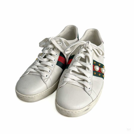 322605011 Gucci Ace Pearls Leather Striped Sneakers 37 White (2)