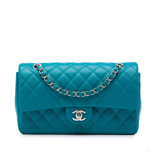 322609034 Classic Double Flap Medium Iridescent Caviar Leather Matelassè Shoulder Bag Blue 1