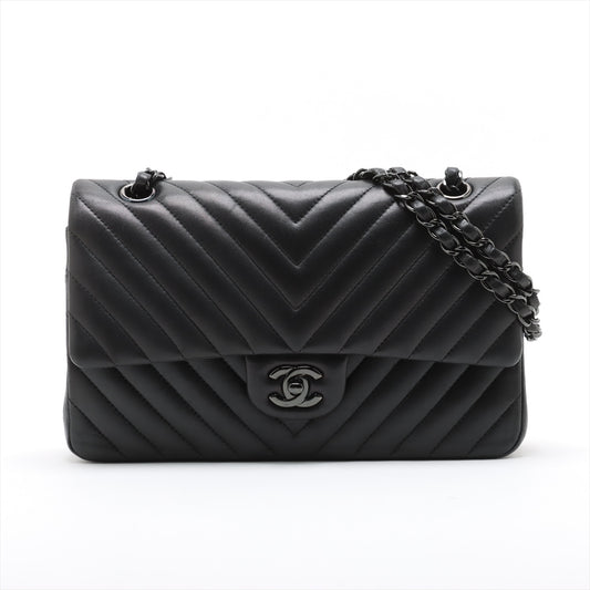 Classic Double Flap Medium Lambskin Leather Chevron Shoulder Bag Black