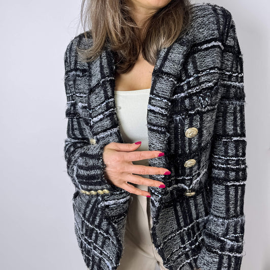 Second hand Balmain Double - breasted Checked Tweed & Viscose Blazer 38 Black & White - Tabita Bags