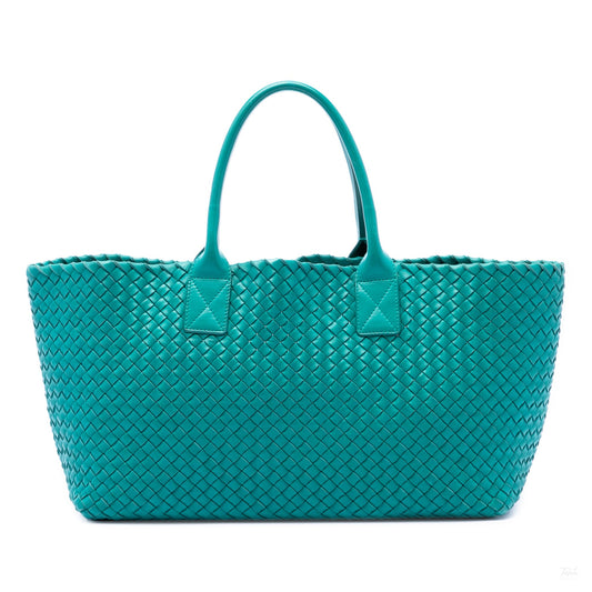 Second hand Bottega Veneta Cabat Medium Leather Intrecciato Tote Handbag Blue - Tabita Bags
