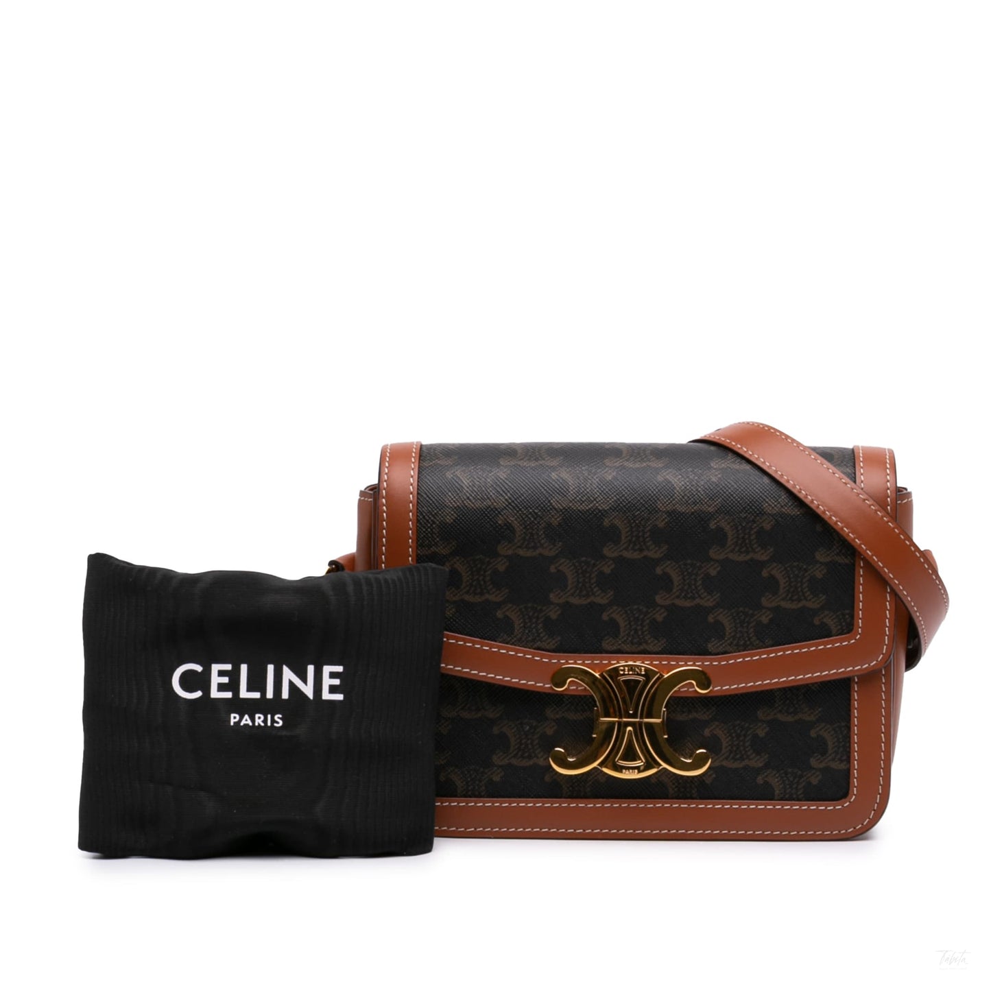 Second hand Céline Triomphe Teen Canvas & Calfskin Flap Crossbody Brown - Tabita Bags