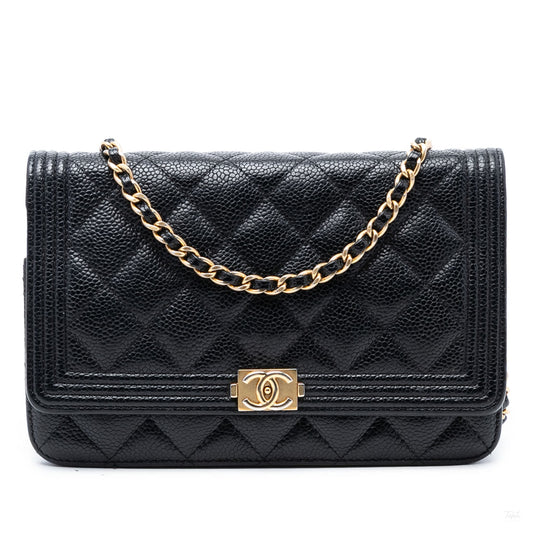 Second hand Chanel Boy Caviar Leather Quilted Wallet on Chain Crossbody Black - Tabita Bags