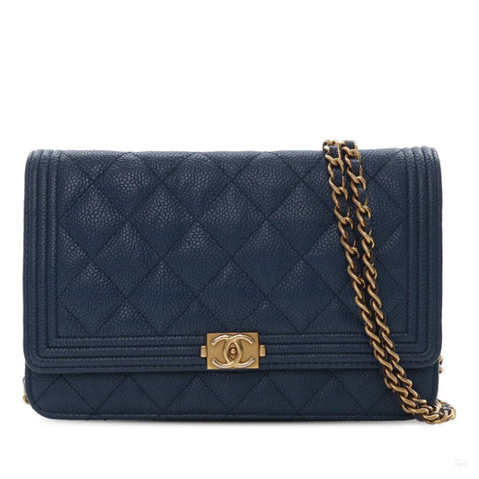 Second hand Chanel Boy Caviar Leather Quilted Wallet on Chain Crossbody Blue - Tabita Bags