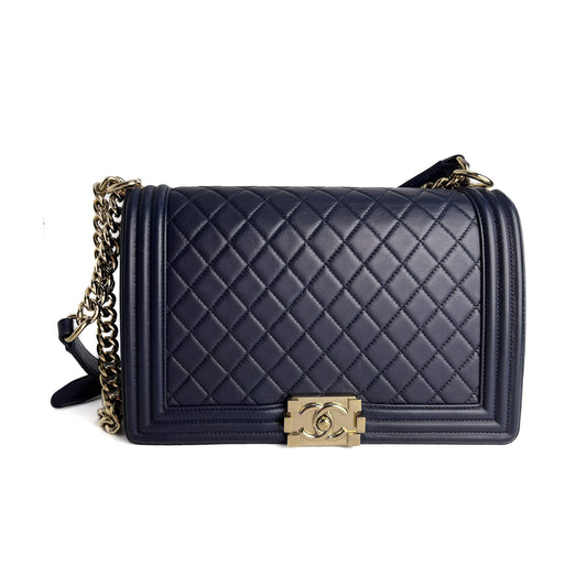 Second hand Chanel Boy Large Quilted Lambskin Leather 2 - Ways Flap Bag Navy - Tabita Bags