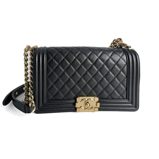 Second hand Chanel Boy Medium Quilted Caviar Leather Shoulder Bag Black - Tabita Bags