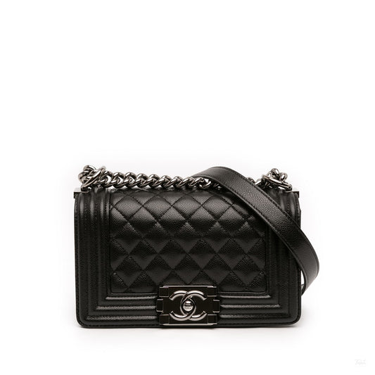 Second hand Chanel Boy Small Caviar Leather Quilted Flap Shoulder Bag Black - Tabita Bags