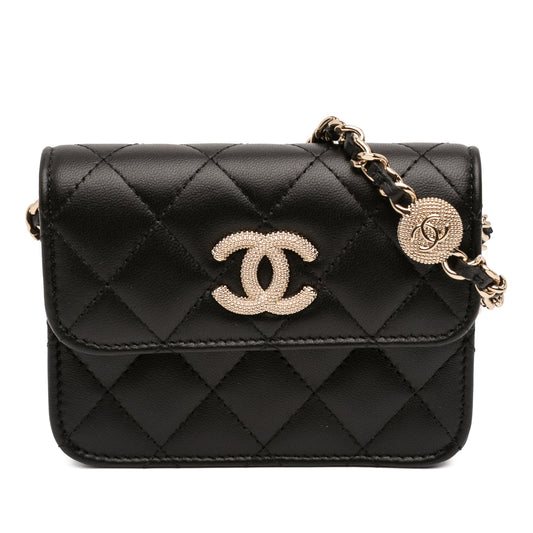 Second hand Chanel CC Lambskin Leather Strass Quilted Clutch With Chain Bag Black - Tabita Bags