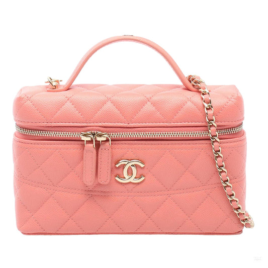 Second hand Chanel CC Small Caviar Leather Quilted Vanity Case Handbag Pink - Tabita Bags