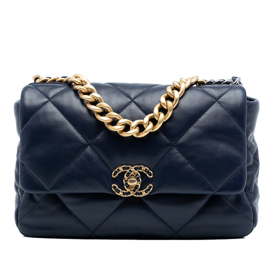 Second hand Chanel CHANEL 19 Large Lambskin Leather Matelassè Flap Handbag Blue - Tabita Bags