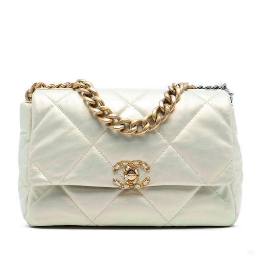 Second hand Chanel CHANEL 19 Large Lambskin Leather Matelassè Flap Handbag Iridescent Silver - Tabita Bags