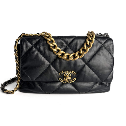 Second hand Chanel CHANEL 19 Large Matelassè Lambskin Leather 2 - Ways Flap Handbag Black - Tabita Bags
