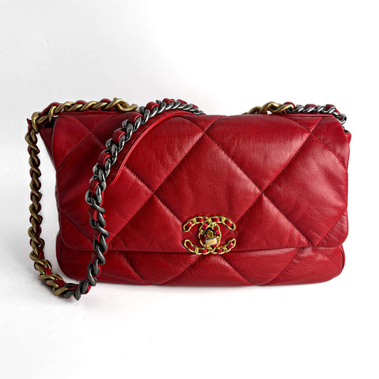 Second hand Chanel CHANEL 19 Large Matelassè Lambskin Leather 2 - Ways Flap Handbag Red - Tabita Bags