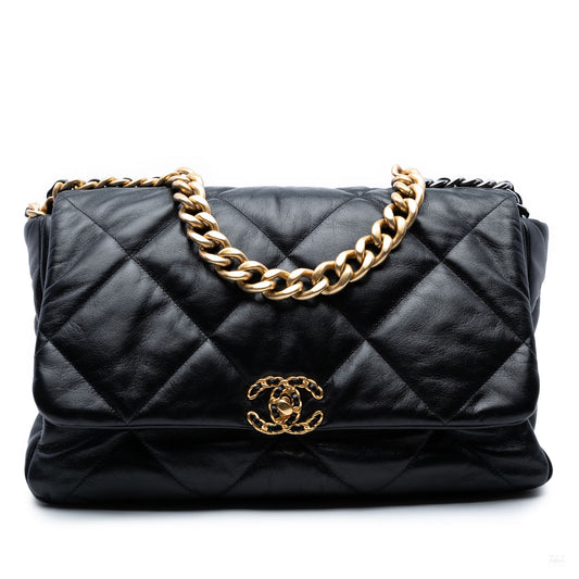 Second hand Chanel CHANEL 19 Maxi Lambskin Leather Matelassè Flap Handbag Black - Tabita Bags