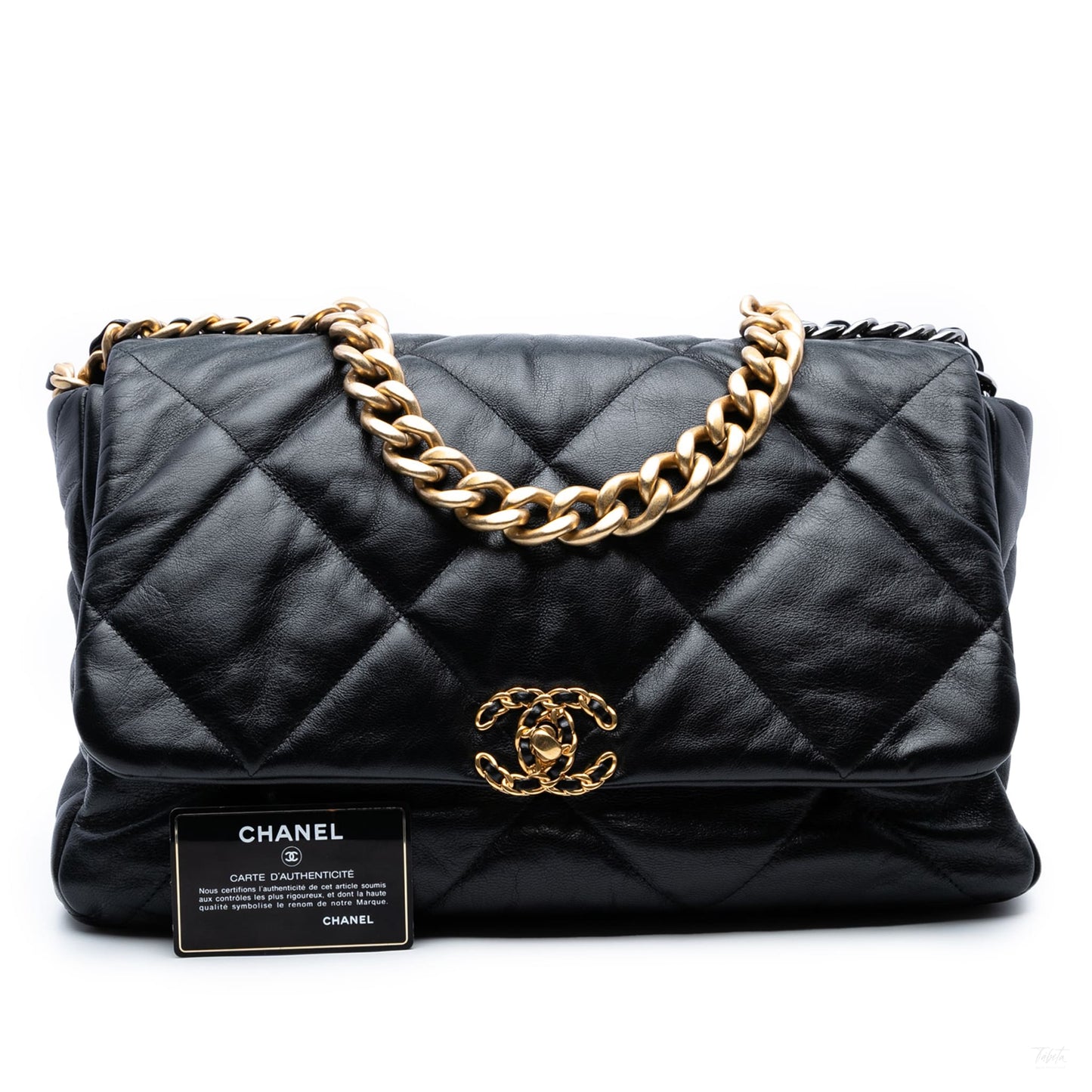 Second hand Chanel CHANEL 19 Maxi Lambskin Leather Matelassè Flap Handbag Black - Tabita Bags