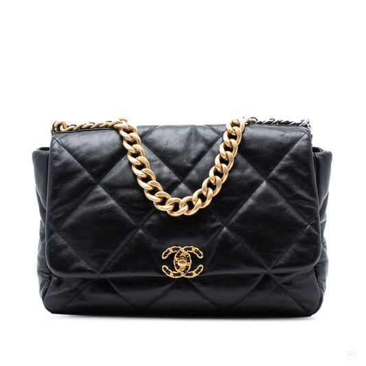 Second hand Chanel CHANEL 19 Maxi Lambskin Leather Matelassè Flap Handbag Black - Tabita Bags