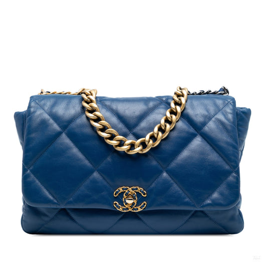 Second hand Chanel CHANEL 19 Maxi Lambskin Leather Matelassè Flap Handbag Blue - Tabita Bags