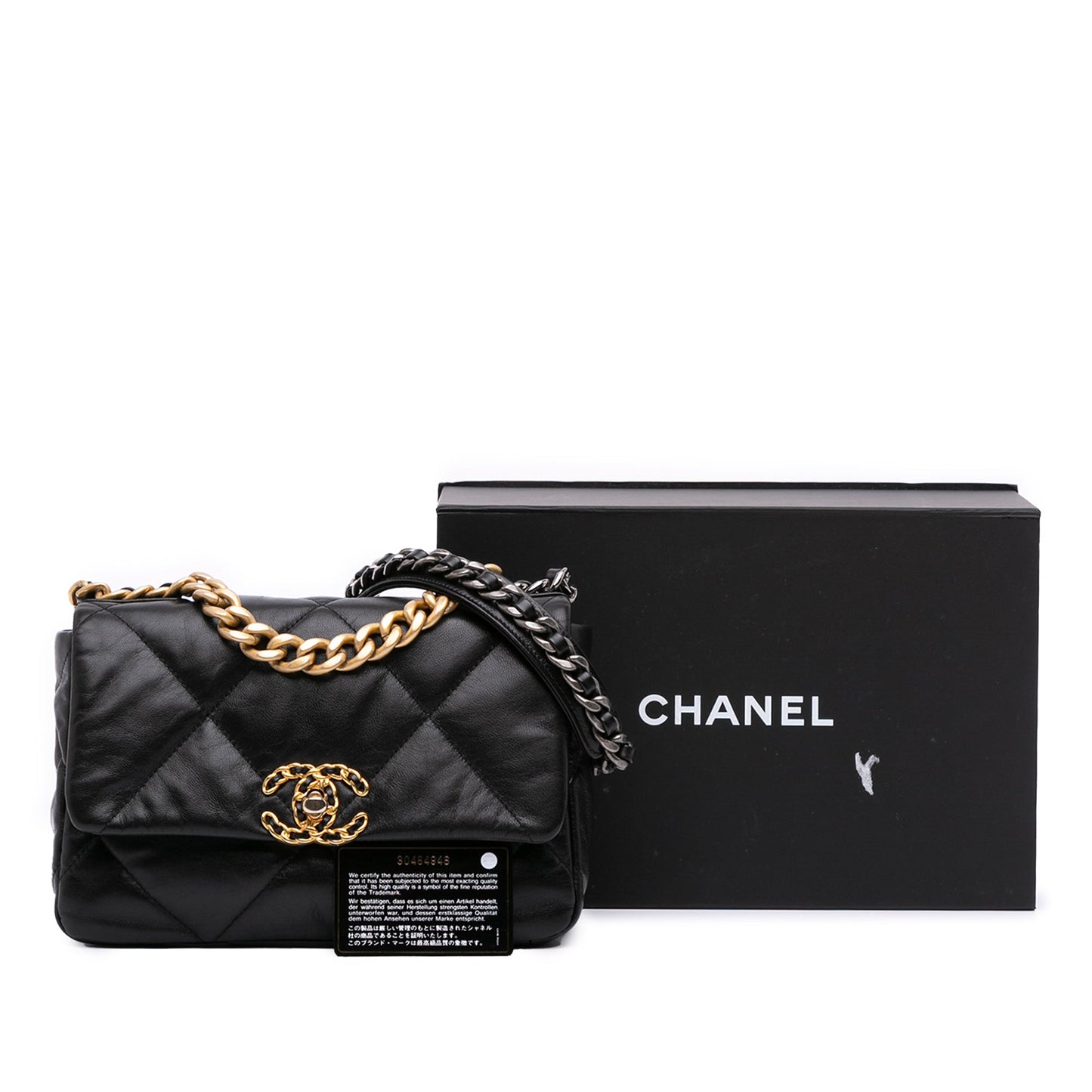 Second hand Chanel CHANEL 19 Medium Lambskin Leather Matelassè Flap Handbag Black - Tabita Bags