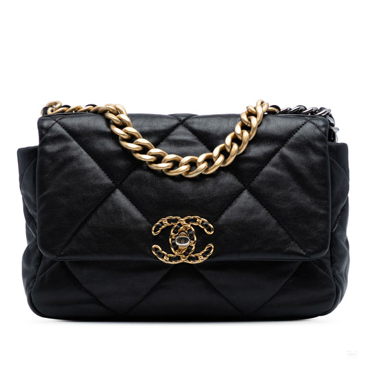 Second hand Chanel CHANEL 19 Medium Lambskin Leather Matelassè Flap Handbag Black - Tabita Bags