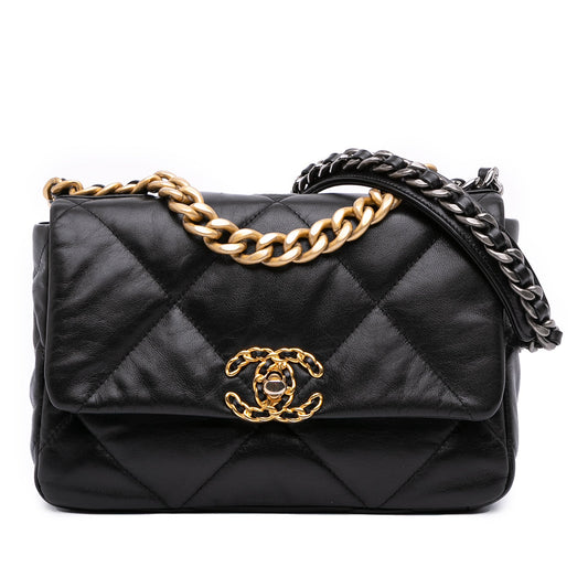 Second hand Chanel CHANEL 19 Medium Lambskin Leather Matelassè Flap Handbag Black - Tabita Bags