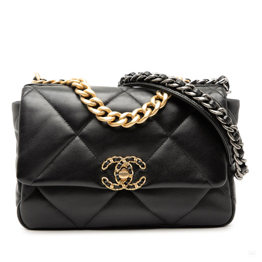 Second hand Chanel CHANEL 19 Medium Lambskin Leather Matelassè Flap Handbag Black - Tabita Bags