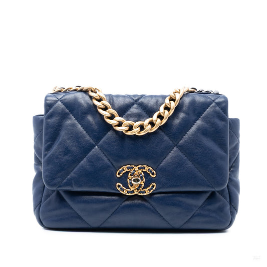 Second hand Chanel CHANEL 19 Medium Lambskin Leather Matelassè Flap Handbag Blue - Tabita Bags