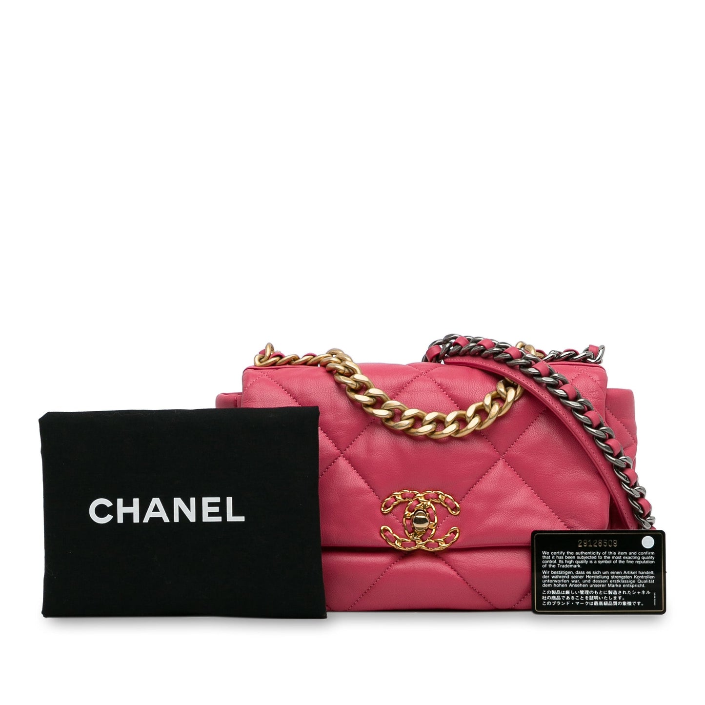 Second hand Chanel CHANEL 19 Medium Lambskin Leather Matelassè Flap Handbag Pink - Tabita Bags