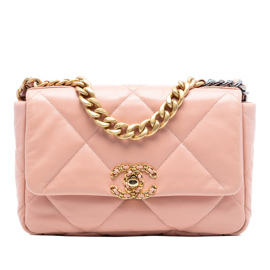 Second hand Chanel CHANEL 19 Medium Lambskin Leather Matelassè Flap Handbag Pink - Tabita Bags