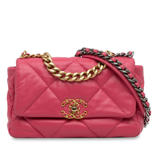 Second hand Chanel CHANEL 19 Medium Lambskin Leather Matelassè Flap Handbag Pink - Tabita Bags