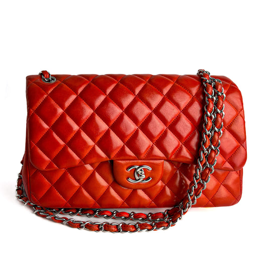 Second hand Chanel Classic Double Flap Jumbo Lambskin Leather Chain Bag Red/Orange - Tabita Bags