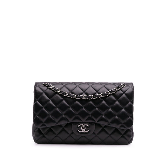 Second hand Chanel Classic Double Flap Jumbo Lambskin Leather Matelassè Handbag Black - Tabita Bags