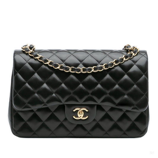 Second hand Chanel Classic Double Flap Jumbo Lambskin Leather Matelassè Handbag Black - Tabita Bags