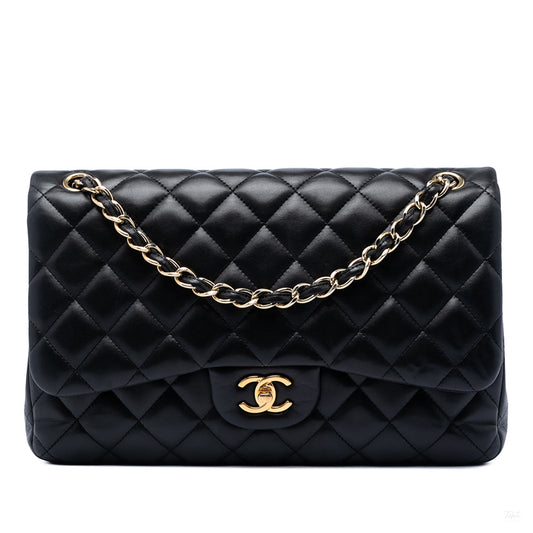 Second hand Chanel Classic Double Flap Jumbo Lambskin Leather Matelassè Handbag Black - Tabita Bags