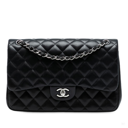 Second hand Chanel Classic Double Flap Jumbo Lambskin Leather Matelassè Handbag Black - Tabita Bags