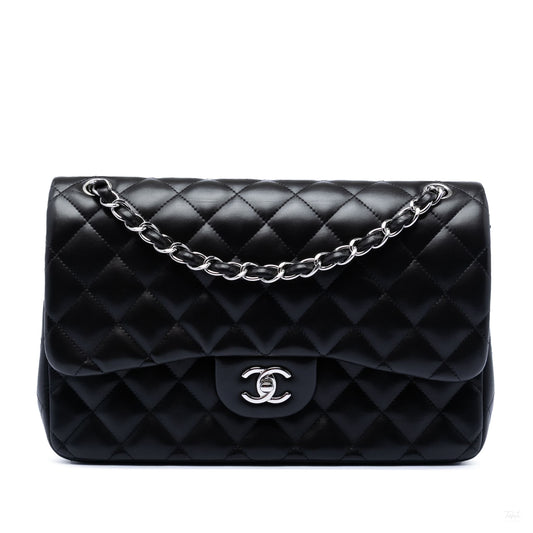 Second hand Chanel Classic Double Flap Jumbo Lambskin Leather Matelassè Handbag Black - Tabita Bags
