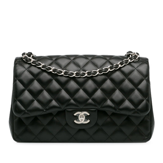 Second hand Chanel Classic Double Flap Jumbo Lambskin Leather Matelassè Handbag Black - Tabita Bags