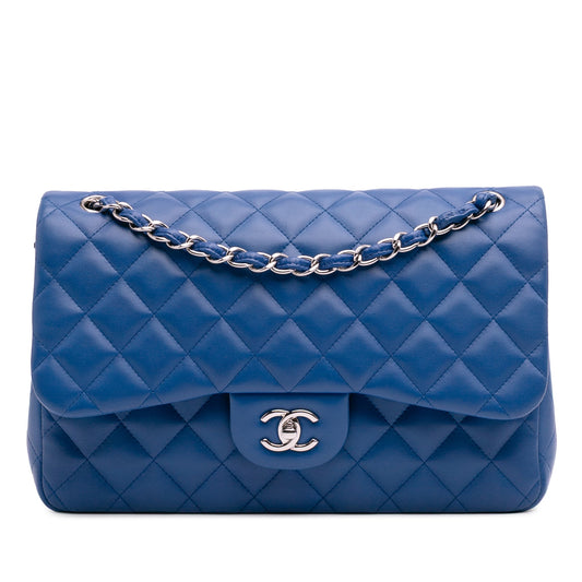 Second hand Chanel Classic Double Flap Jumbo Lambskin Leather Matelassè Handbag Blue - Tabita Bags