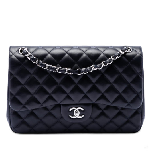 Second hand Chanel Classic Double Flap Jumbo Lambskin Leather Matelassè Handbag Blue - Tabita Bags