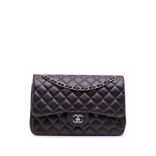Second hand Chanel Classic Double Flap Jumbo Lambskin Leather Matelassè Handbag Grey - Tabita Bags