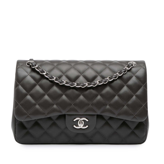 Second hand Chanel Classic Double Flap Jumbo Lambskin Leather Matelassè Handbag Grey - Tabita Bags