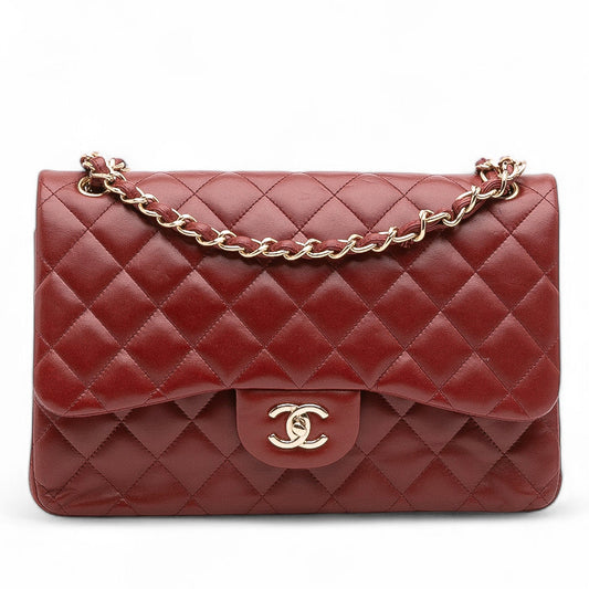 Second hand Chanel Classic Double Flap Jumbo Lambskin Leather Matelassè Handbag Red - Tabita Bags