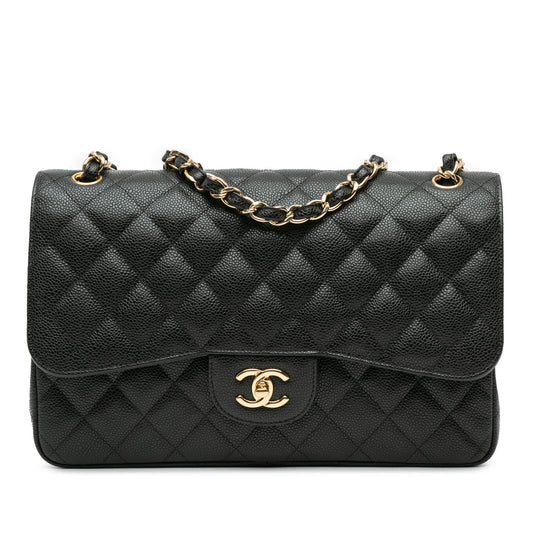 Second hand Chanel Classic Double Flap Jumbo Matelassè Caviar Leather 2 - Ways Flap Handbag Black - Tabita Bags
