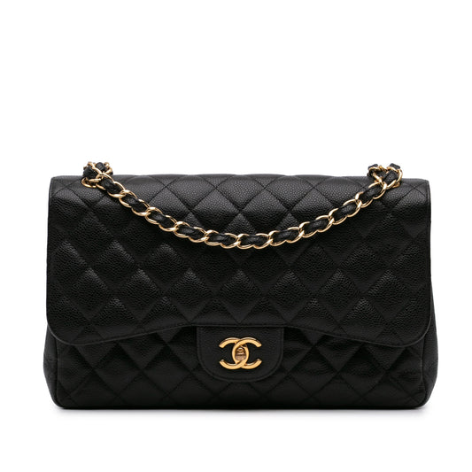 Second hand Chanel Classic Double Flap Jumbo Matelassè Caviar Leather 2 - Ways Flap Handbag Black - Tabita Bags