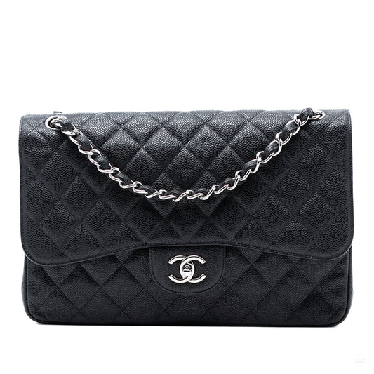 Second hand Chanel Classic Double Flap Jumbo Matelassè Caviar Leather Flap Handbag Black - Tabita Bags