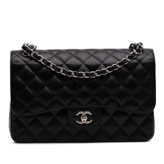 Second hand Chanel Classic Double Flap Jumbo Matelassè Caviar Leather Flap Handbag Black - Tabita Bags