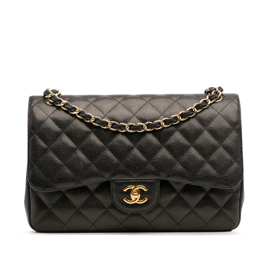 Second hand Chanel Classic Double Flap Jumbo Matelassè Caviar Leather Flap Handbag Black - Tabita Bags