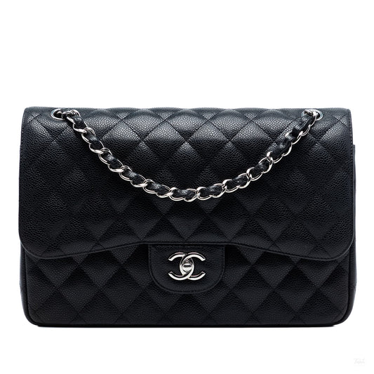 Second hand Chanel Classic Double Flap Jumbo Matelassè Caviar Leather Flap Handbag Black - Tabita Bags