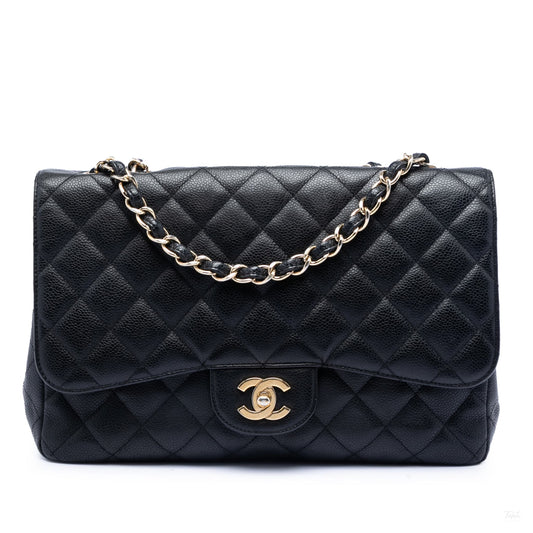 Second hand Chanel Classic Double Flap Jumbo Matelassè Caviar Leather Flap Handbag Black - Tabita Bags
