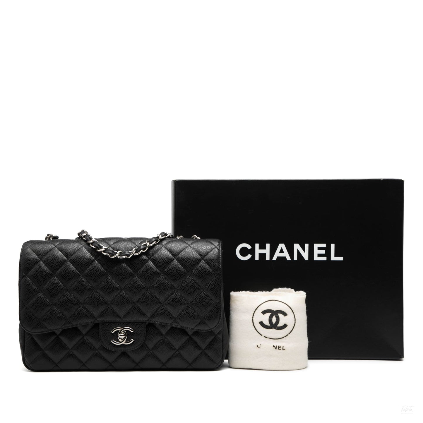 Second hand Chanel Classic Double Flap Jumbo Matelassè Caviar Leather Flap Handbag Black - Tabita Bags