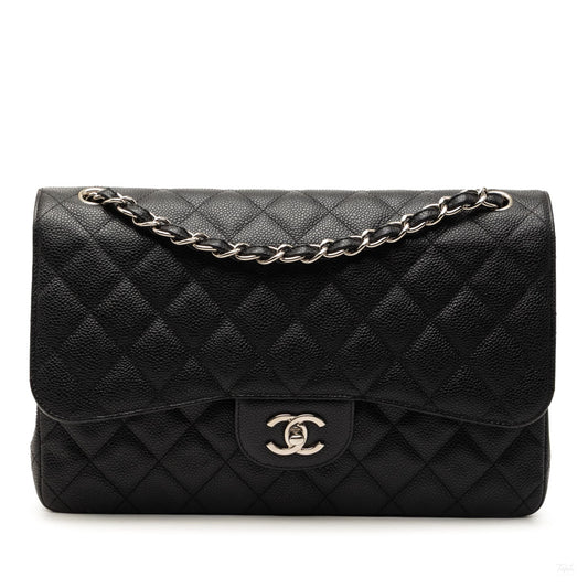 Second hand Chanel Classic Double Flap Jumbo Matelassè Caviar Leather Flap Handbag Black - Tabita Bags